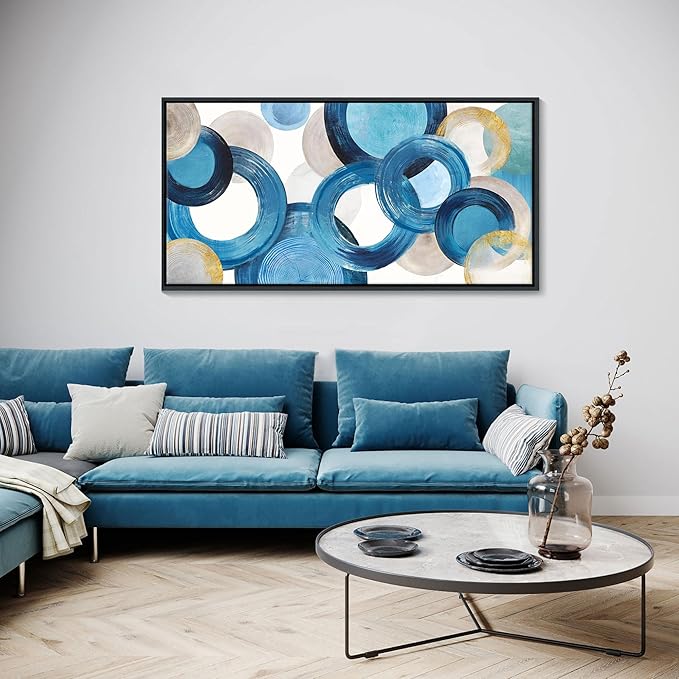 HKDGOKA Abstract Canvas Wall Art Bedroom Large Wall Art for Living Room Teal Blue Circle Graffiti Bathroom Pictures Ready to Hang for Kitchen Office Home farmhouse Decor 24x48 In