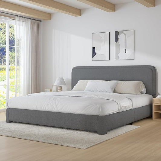 BarnFurin King Size Boucle Bed Frame and Headboard, Cloud Upholstered Platform Bed Frame, Modern Style, Soft Rounded Corners, No Box Spring Required, Easy Assembly, Light Grey