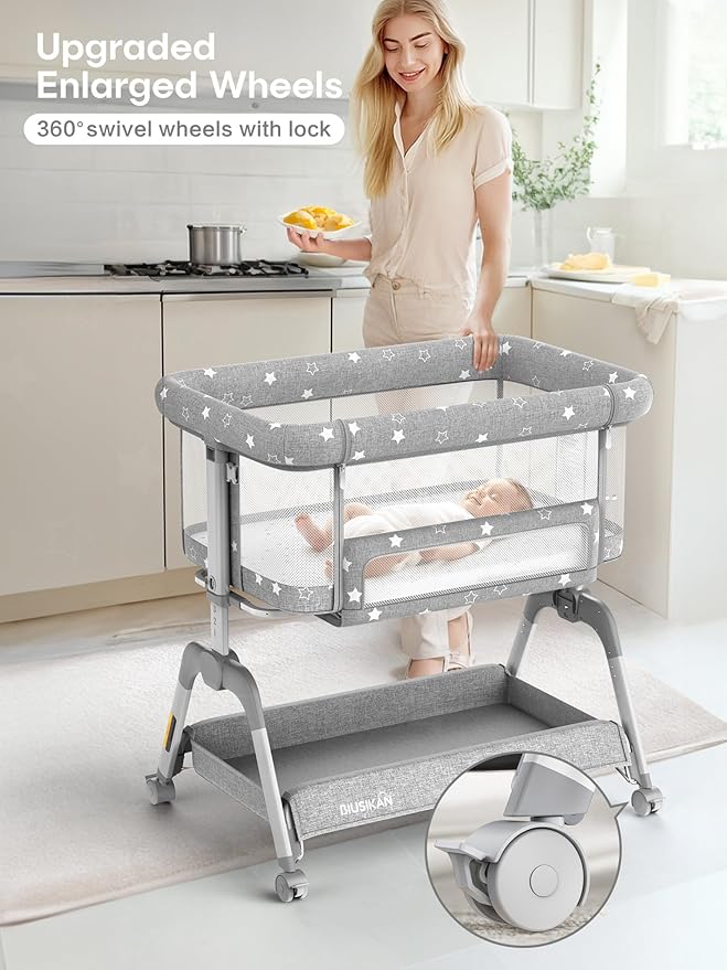 Bassinet Bedside Sleeper, Baby Crib with Mattress and Adjustable Height & Upgraded Wheels, All Mesh Portable Bassinet for Co-Sleeping, Baby Bed for Newborn