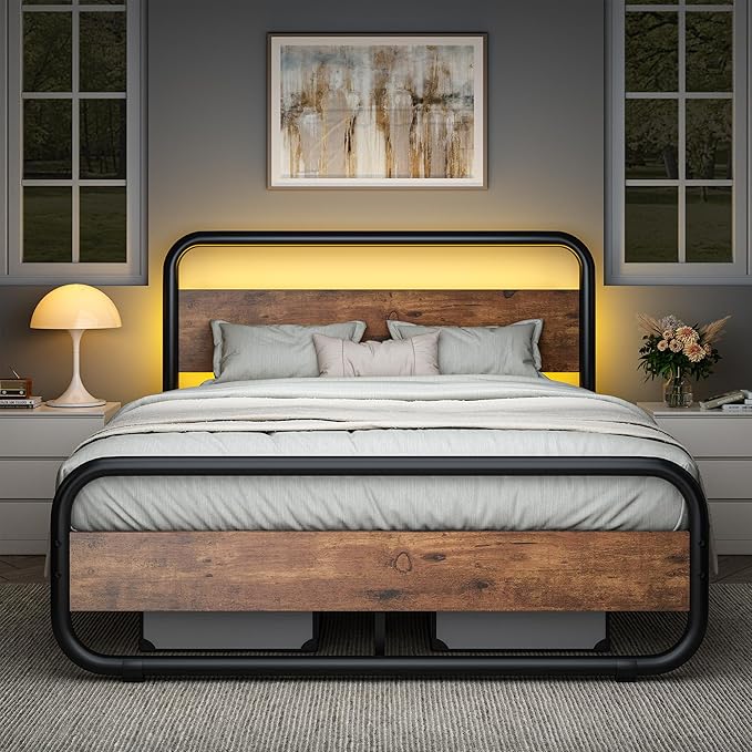 Catrimown Queen Size Bed Frame with LED Lights, Metal Rustic Platform Bed Frame with Wood Headboard and Footboard, Queen Size Platform Bed Frame with Under Bed Storage, Rustic Brown