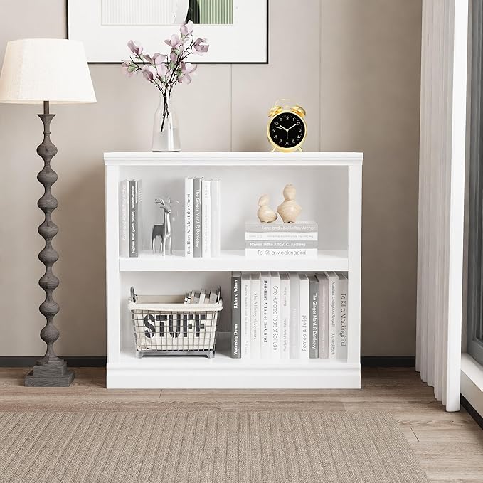 blini 2-Shelf White Bookcase Wooden Bookshelves 33in Wide Floor Standing Display Storage Shelves Oak Bookcase for Home Office, Living Room, Bed Room