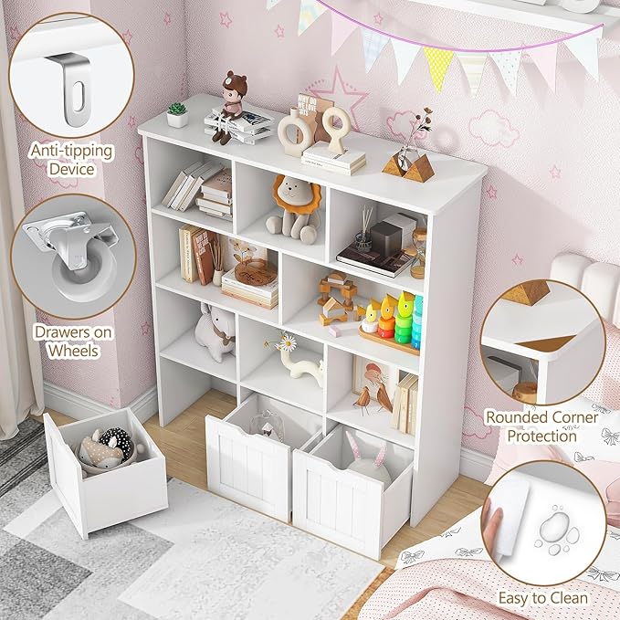 Toy Storage Organizer with Bookshelf, Large Toy Organizers and 3 Movable Drawers with Hidden Wheels and 8 Storage Cubbies, Kids Bookshelf and Toy Storage Chest, Playroom Furniture, White