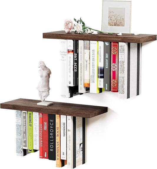 Floating Bookshelves for Wall, Rustic Wood Hanging Wall Bookshelf, Upside Down Book Shelf and Wall Mounted Bookshelves for Home Decor in Bedroom, Living Room, Carbonized, 2 Pack