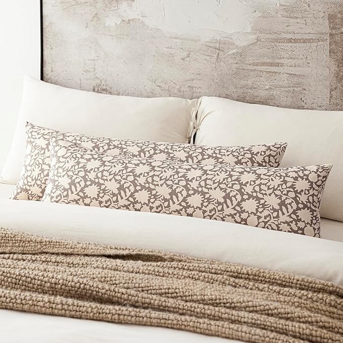 Foindtower Set of 2 Decorative Floral Long Body Lumbar Throw Pillow Covers Neutral Farmhouse Cushion Covers Boho Vintage Pillowcase For Couch Sofa Bedroom Living Room Home Decor Outdoor,14×36 Inch,Tan