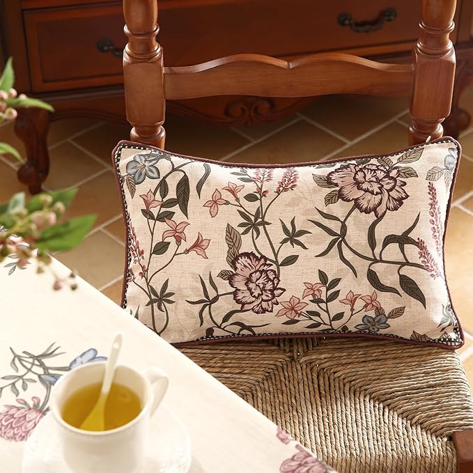 Design Linen Vintage Throw Pillow Covers 12"x20" Pack of 2, Rectangle Cushion Covers with Blue Pink Flowers Green Leaves Pattern Decoration Pillowcases for Bed,Living Room,Outdoor,Car