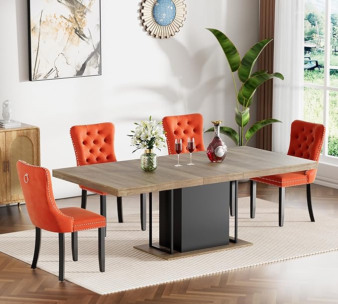 Goujxcy 78.7" Farmhouse Extendable Dining Room Table Set for 4, 5-Piece Rectangle Kitchen Dining Room Table Set with Wood Base and 4 Orange Velvet Dining Chairs, Extending Kitchen & Dining Table Set
