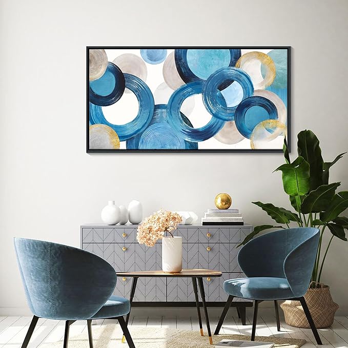 HKDGOKA Abstract Canvas Wall Art Bedroom Large Wall Art for Living Room Teal Blue Circle Graffiti Bathroom Pictures Ready to Hang for Kitchen Office Home farmhouse Decor 24x48 In