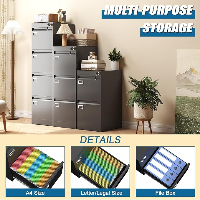 2 Drawer File Cabinet with Lock, Metal Small File Cabinet, Black Filing Cabinets for Home Office, Vertical File Cabinets Locked for A4/F4/Letter/Legal, Easy Assemble