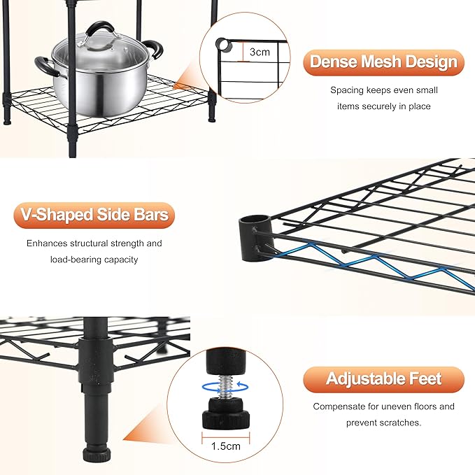 Whitmor 3 Tier Storage Shelves, Heavy Duty Metal Shelving, 400 lbs Capacity per Shelf, 1200 lbs Total, Easy Assembly for Kitchen, Garage, Plant, 18" L x 12" W x 26.4" H, Black