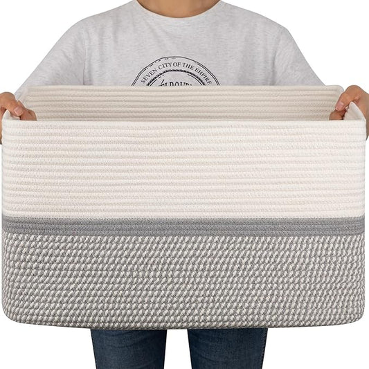 OIAHOMY Extr Large Toy Storage Basket, Rectangle Cotton Rope Storage Basket, Blanket Basket Living Room, Woven Baskets for Organizing, 25 x 16 x 16 Inches-Grey/White