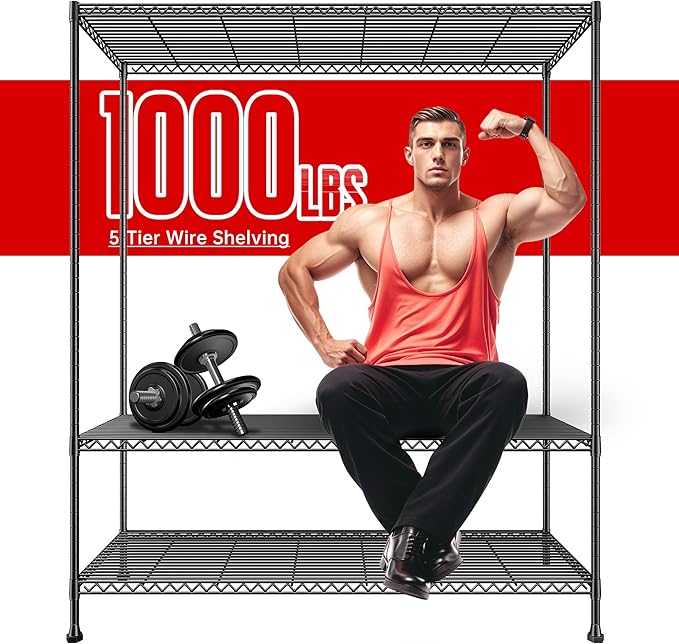 REIBII 45.8''W Steel Wire Shelving Unit, 5 Tier Adjustable Metal Storage Shelves for Kitchen Pantry Office Wire Rack Metal Shelving Unit for College Dorm School, 45.8" W x 71" H x 17.2" D 3PCS