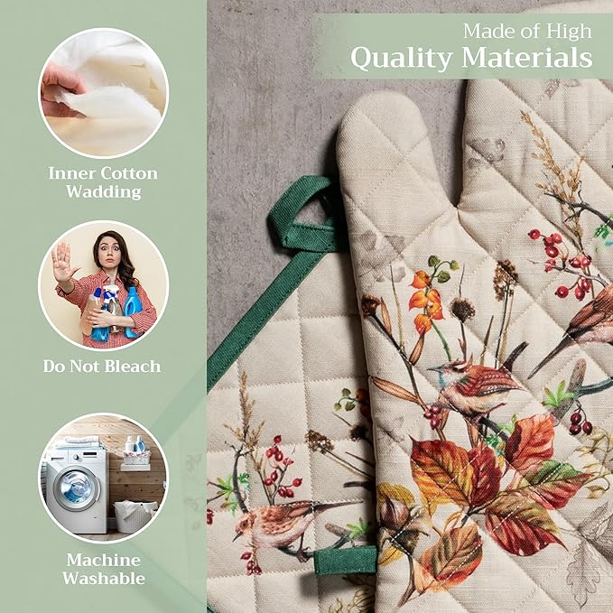 Maison d' Hermine 100% Cotton Oven Mitt & Pot Holder Set (7.5"x13" & 8"x8") Heat Resistant BBQ Cooking Gloves with Loop for Thanksgiving Christmas Decorations Handling Hot Pans (Recolte)