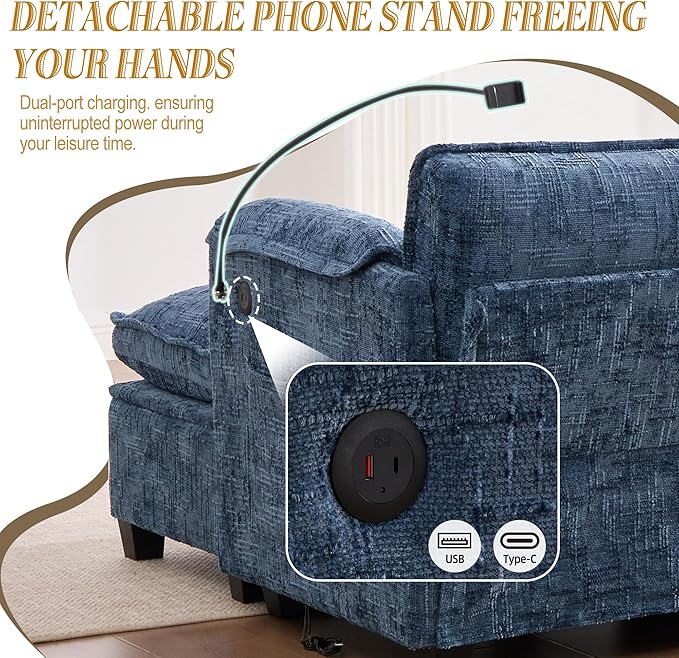 KEIKI 110" L-Shaped Boucle Modular Sectional Chenille Sofa with 1 Ottoman & Memory Foam Cushion & Phone Holder & USB, Upholstered Modern Oversized 4-Seater Couch, Easy Assembly, for Living Room, Navy