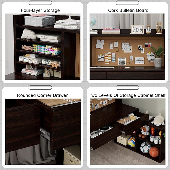 Wooden Kids Desk and Chair Set, 2 Drawers and Remove Storage 4 Cabinets, Children Study Desk with Hutch and Shelves, Boys & Girls Study Desks for Kids Bedroom (Espresso)-7Cp1CF