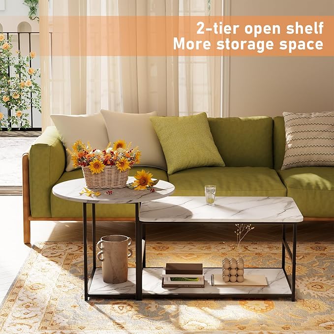 WOHOMO 48IN Faux Marble Wood Coffee Table with Adjustable Shelf, White Nesting Tables Set of 2, Small Coffee Tables for Living Room