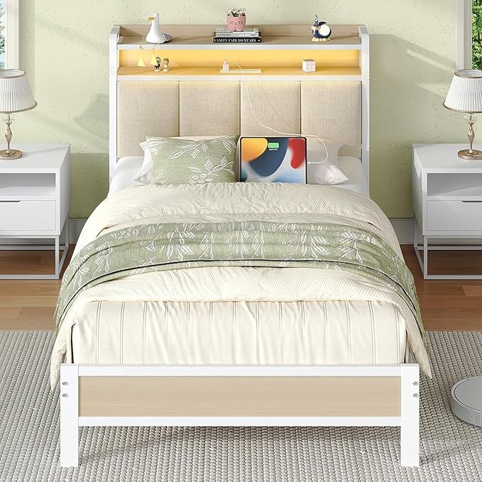 Twin Bed Frame with Storage Headboard, Metal Platform Bed Frames Twin with LED Lights and Charging Station, Heavy Duty Metal Slats, No Box Spring Needed, Easy Assembly, Beige