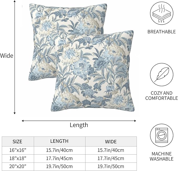 Blue Floral Spring Summer Rustic Flower Throw Pillow Covers 18x18 Inch Set of 2 Farmhouse Decorative Pillows Cover Vintage Country Cushion Case of Indoor Outdoor Sofa Living Room Bedroom