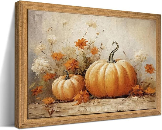 Framed Vintage Halloween Pumpkin Wall Art – 3D Texture Harvest Pumpkins Pictures Fall Wall Decor for Living Room, Rustic Autumn Pumpkin Art Prints for Kitchen, Bedroom, Home or Party – 12x16in
