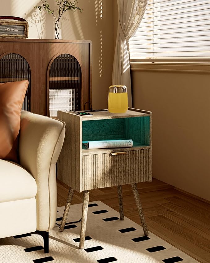 Modern Bedside Table, Nightstand with Charging Station and LED Lights