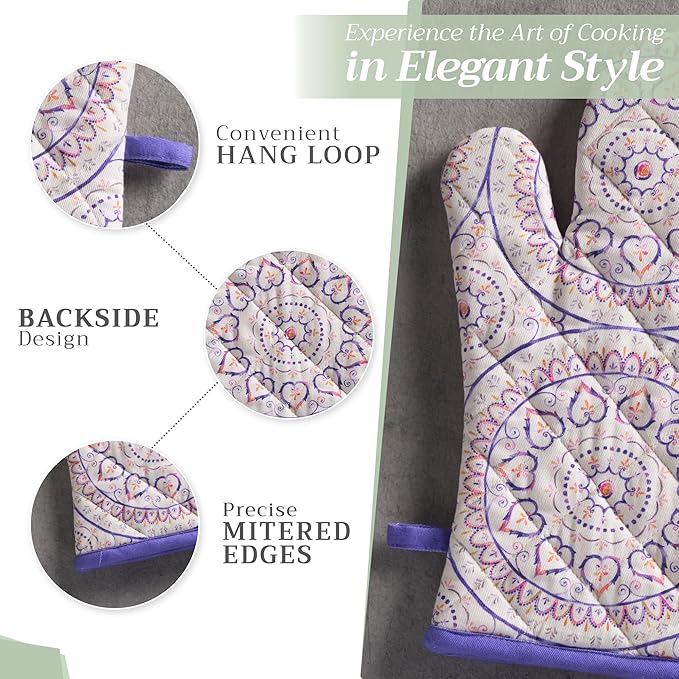 Maison d' Hermine Oven Gloves 100% Cotton Oven Mitt 7" x 13" with Loop Heat Resistant, BBQ, Cooking Gloves, Baking, Grilling, Kitchen, Handling Hot Pans Spring/Summer (Pack of 1, Mandala)