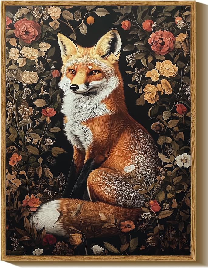 Djmwtb William Morris Framed Wall Art Fox Floral Canvas Wall Art Flower Botanical Art Prints Boho Nature Painting Animal Pictures Wall Decor Artwork for Living Room Bedroom Office 8x10in