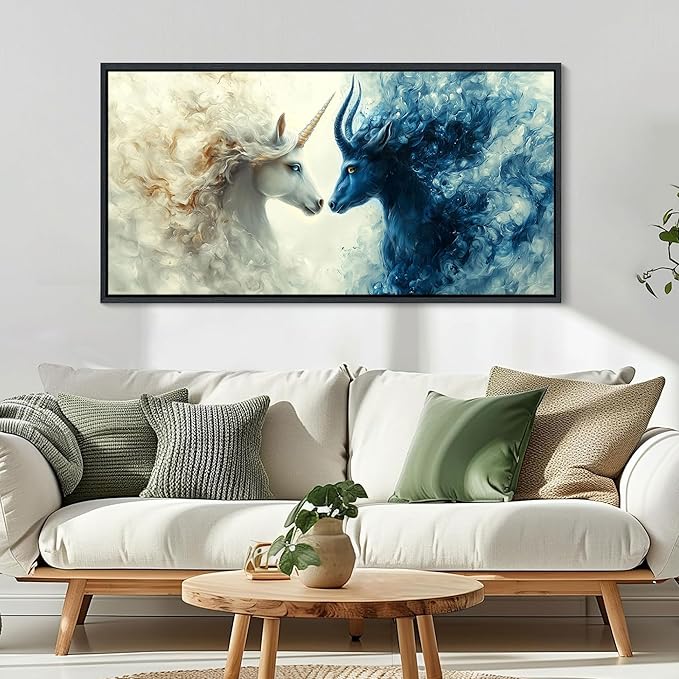 HKDGOKA Large Canvas Wall Art, Blue and White Gradient Abstract Animals Paintings Light and Dark Opposition Style Prints Pictures for Bedroom Living Room Kitchen Home Decor 29x58 IN