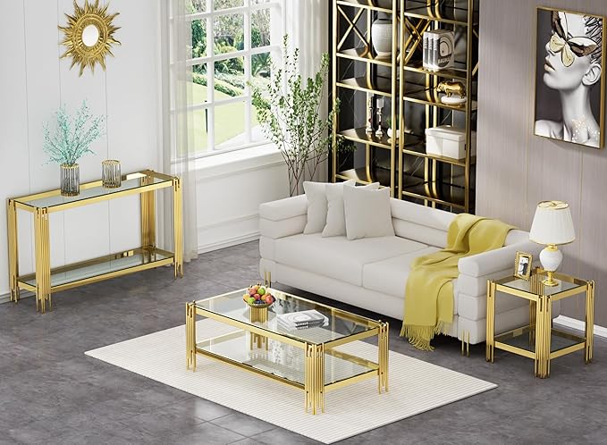 3 Pieces Glass Living Room Table Set Modern Coffee Table Console Table End Table Set with Storage 2-Tier Glass Gold Coffee Table Set w/Stainless Steel Frame for Apartment Home Office