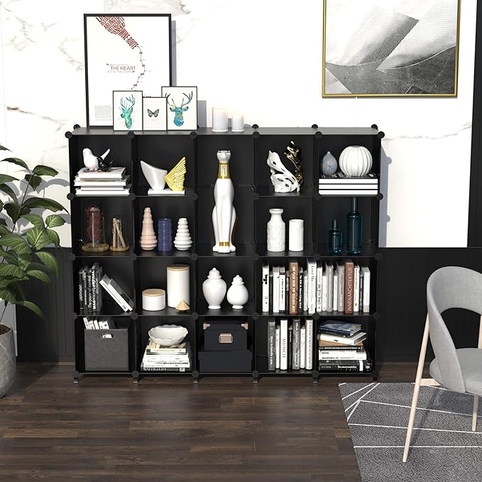 HOMIDEC 20-Cube Black Storage Organizer, Modular Shelf With Hammer, Storage Bin Cabinet Closet Bookshelf for Living Room, Bedroom, Office, Each Cube Size 11.8 x 11.8 Inch
