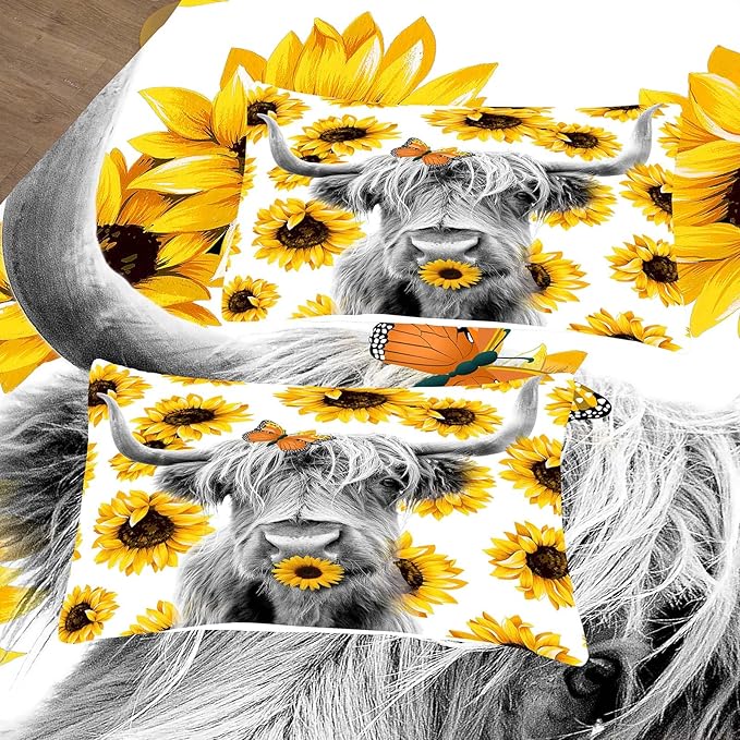 Tailor Shop Highland Cow Bedding Set Full Size ，Farmhouse Sunflower Highland Cattle Wild Animal 3D Print Comforter 3 Pcs Sets,with 1 Comforter 2 Pillowcases……
