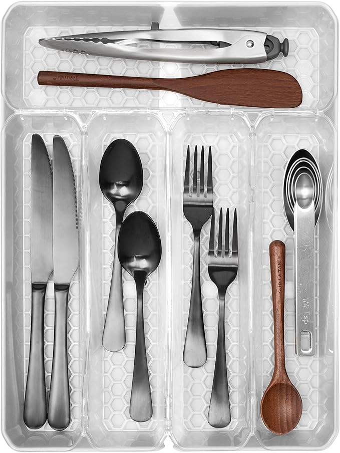Spectrum Diversified Hexa Expandable Divided Drawer Organizer Tray Modern Kitchen Cutlery, Utensil, Silverware Holder, Cabinet Storage, 10 x 16, Clear Frost/Stone Gray