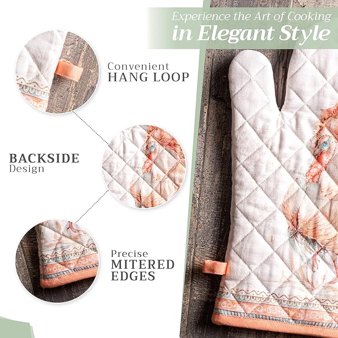 Maison d' Hermine Oven Gloves 100% Cotton Oven Mitt 7" x 13" with Loop Heat Resistant BBQ Cooking Gloves for Thanksgiving Christmas Decorations Baking Handling Hot Pans (Pack of 1, Giving Thanks)