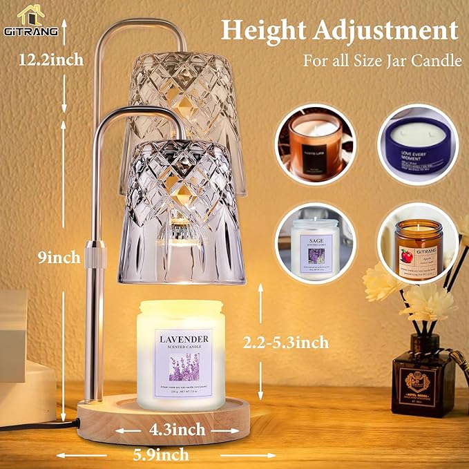 Candle Warming Lamp with Timer Dimmer, Adjustable Height Electric Wax Melt Warmer for Jar Candles with 3 Bulbs, Mother's Day Women's Home Decor Gift, Round Base with Champagne Color Pole