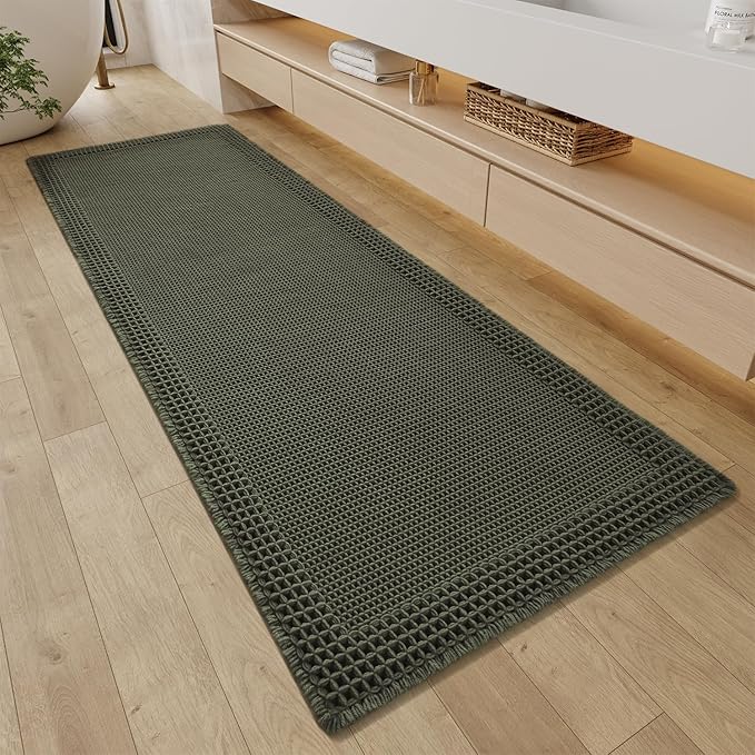 RESARE Waffle Bathroom Runner Rugs, Super Absorbent Bath Mat Non Slip Washable Quick Dry, Upgraded Ultra Soft Boho Bath Rugs with Tassels for Hallway Bedroom Laundry Room, 2'x6'(24"x72"), Green