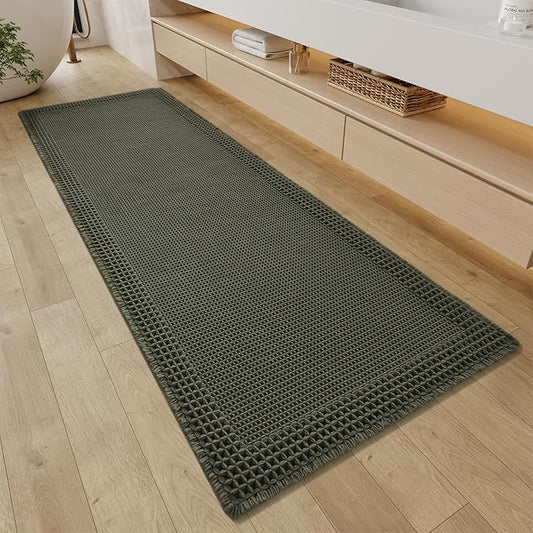 RESARE Waffle Bathroom Runner Rugs, Super Absorbent Bath Mat Non Slip Washable Quick Dry, Upgraded Ultra Soft Boho Bath Rugs with Tassels for Hallway Bedroom Laundry Room, 2'x6'(24"x72"), Green