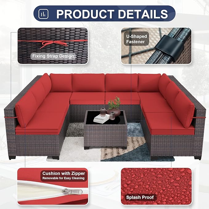 Kurapika 9 Pieces Patio Furniture Set, Rattan Wicker Outdoor Conversation Sets w/4in Cushion and Glass Coffee Table(Red)