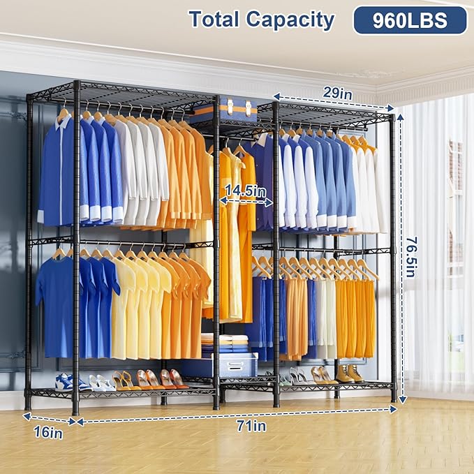 Ulif E12 Clothes Rack，Heavy Duty Freestanding Garment Rack with Shelves，Metal Clothing Closet Storage System for Hanging Clothes，71" W x 16" D x 76.5" H, Hold 960 lbs，Black