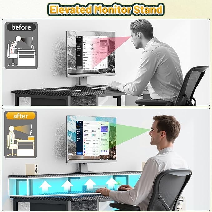 55" W Gaming Desk, Computer Desk with LED & Power Outlet, Office Desk with Printer Storage Shelves & Storage Drawer, Study Table with Monitor Shelf, Dorm Room Essentials, Black