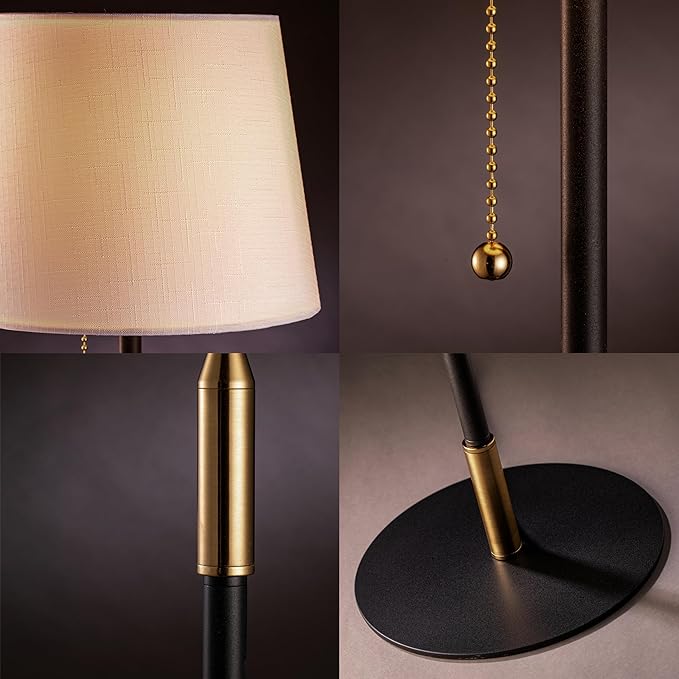 O'Bright Velum - Classic Floor Lamp, Elegant Linen Shade, Pull Chain Switch, Luxury Gold Handle, Modern Minimalist Design - Perfect for Living Room, Bedroom, Office - Black