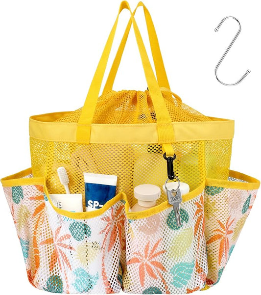 F-color Mesh Shower Caddy Portable with Drawstring - Upgrade Deeper 7 Pockets Dorm Room Essentials for Guys Girls with S Hook, Shower Bag Basket Tote for College Camping Bathroom, Yellow Beach