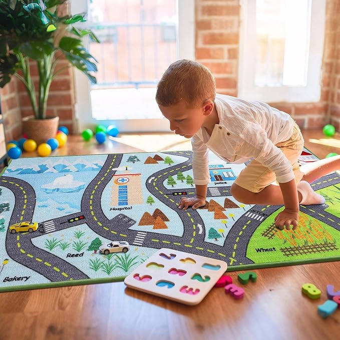 BEQHAUSE Kids Rug City Life, 32”x60” Educational Road Traffic Kids Rug, Non Slip Washable Play Mat Carpets for Children's Bedroom Playroom Nursery Room Decor