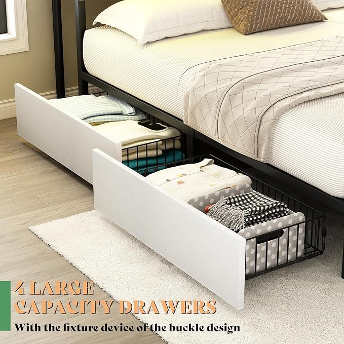 AMERLIFE Queen Bed Frame with Bookcase Headboard & 4 Storage Drawers, Wooden Platform Bed with Charging Station and LED Light, No Box Spring Needed/Noise-Free, White