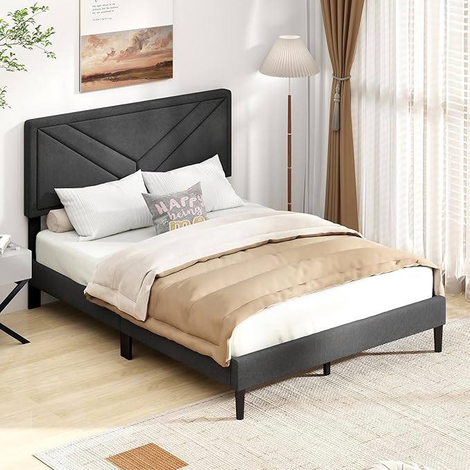 Giantex Full Size Platform Bed Frame, Modern Upholstered Bed Frame with Diagonal Channel Tufting, Wooden Slats Support, No Box Spring Needed, Gray