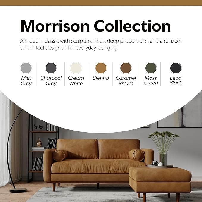 SIMPLIHOME Morrison 72-inch Wide Sofa in Sienna Top Grain Genuine Leather, Mid-Century Modern-Style Loveseat for Living Room, Single Bench Cushion, Removable Back Cushions, 2 Bolster Pillows