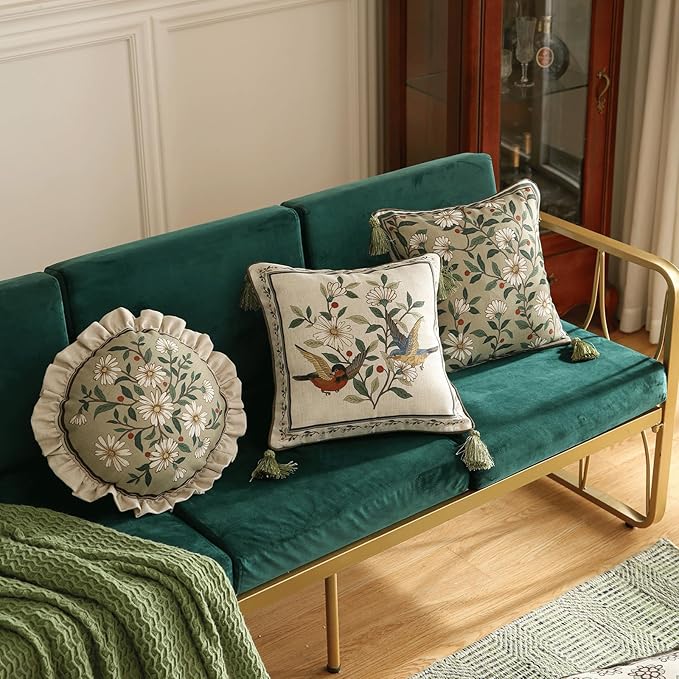 Design Round Floral Linen Throw Pillow Covers Diameter 16" Pack of 2,Beige Simple Elegant Daisy Pattern Cushion Covers Decor Pillowcases for Bed,Living Room,Outdoor,Car