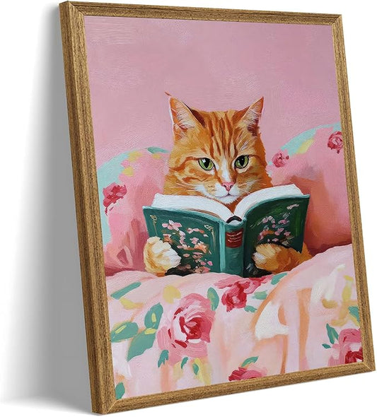 Framed Vintage Cat Canvas Wall Art, Funny Pink Animal Reading Books Painting Picture Print, Cute Kitten Lovers Aesthetic Wall Decor for Nursery Girls Room Bedroom Kids Room 16''L x 12''W