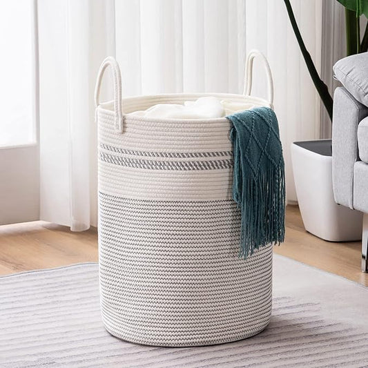 Woven Rope Laundry Hamper Basket, 58L Tall Luandry Basket, Baby Nursery Hamper for Blanket Storage, Clothes Hamper for Laundry in Bedroom-Large-Stripe White