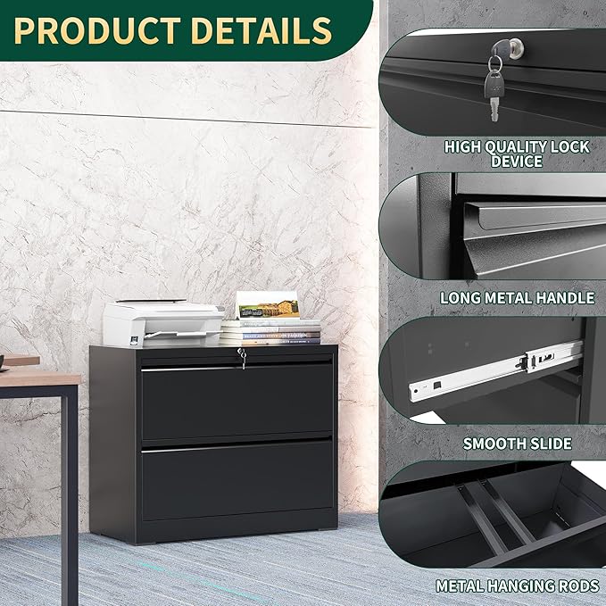 2 Drawer Lateral File Cabinet with Lock, Metal File Cabinets for Home Office, Steel Heavy-Duty Filing Storage Cabinet for Letters/Legal/A4 (Require Assembly, Black)
