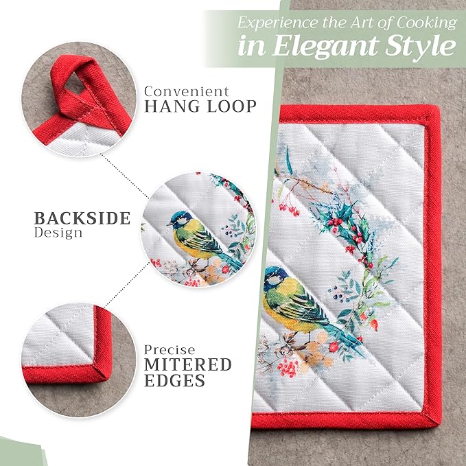 Maison d' Hermine 100% Cotton Oven Mitt & Pot Holder Set (7.5"x13" & 8"x8") Heat Resistant BBQ Cooking Gloves with Loop for Thanksgiving Christmas Decorations Handling Hot Pans (Morzine)