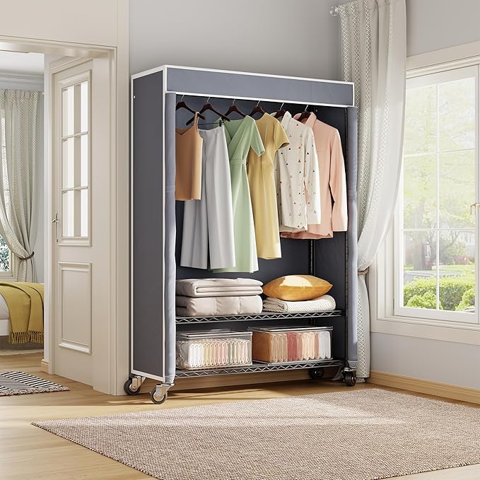 H4 Plus Rolling Clothes Rack with Cover, Heavy Duty Garment Rack, Wardrobe Closet with Wheels, Portable Closets for Hanging Clothes, Closet Organizer Storage, Black Rack with Grey Cover