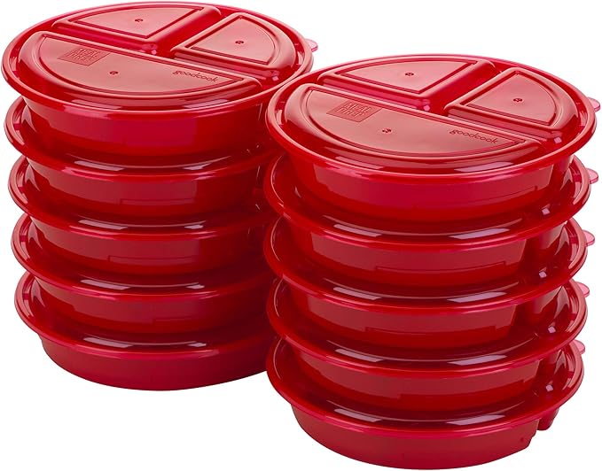 GoodCook Meal Prep Containers Set Microwave & Dishwasher-Safe Round Food Organizers with Labeled Compartments BPA-Free Food Storage Set with Snap Shut Lids Portion Control, 10-Pieces, Red